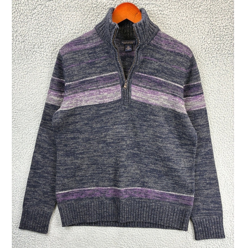 Banana Republic Half Zip Striped Sweater Mens L Gray Merino Wool Knit Pullover